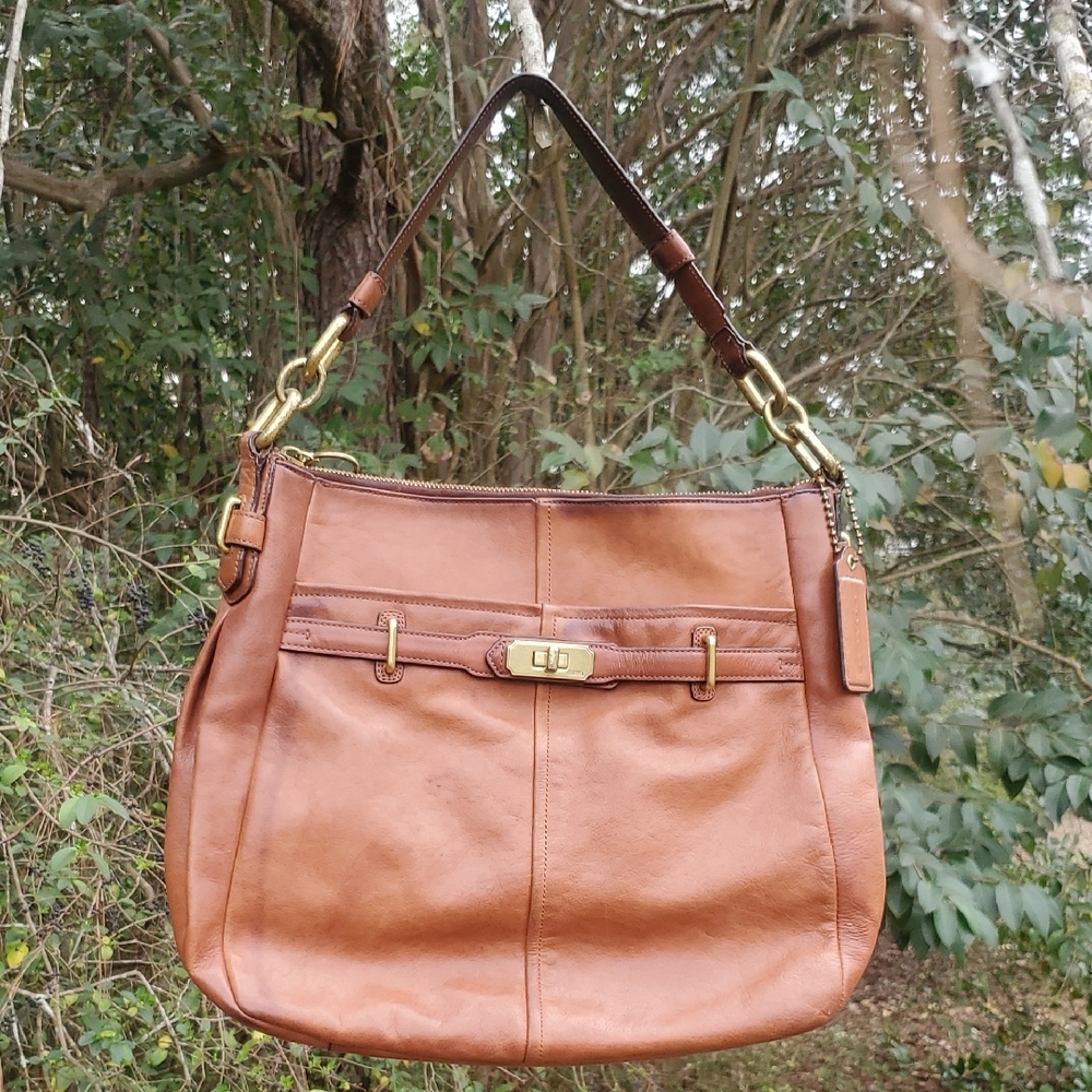 Coach Tan Leather Shoulder Bag with Gold Hardware & Satin Interior